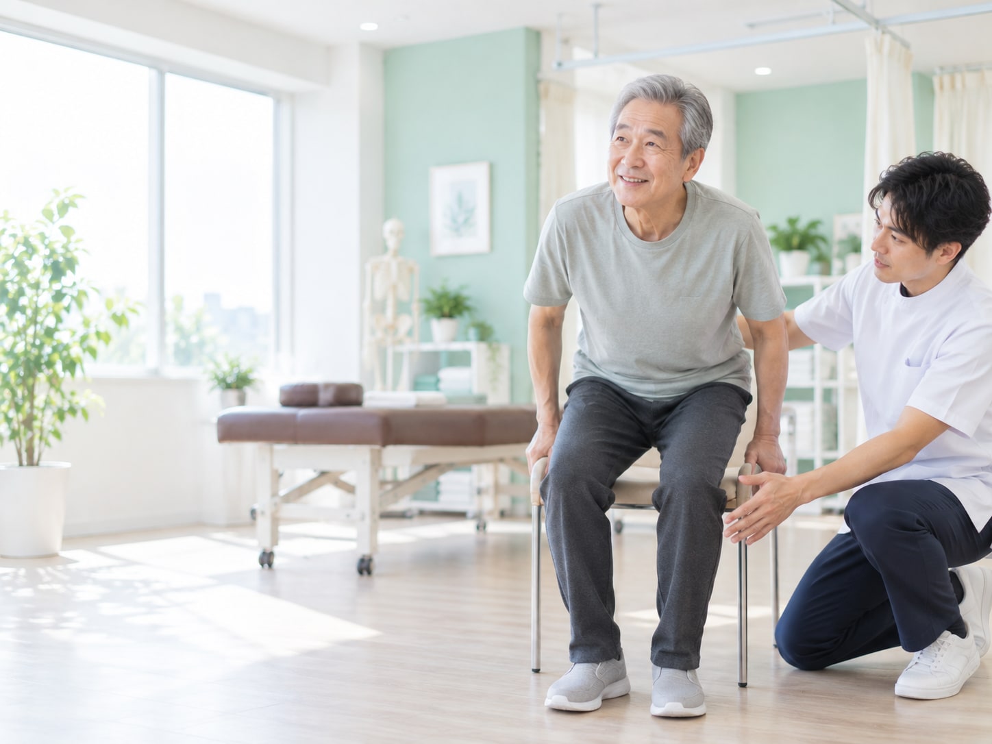 椅子からの立ち上がり動作を確認する施術者
